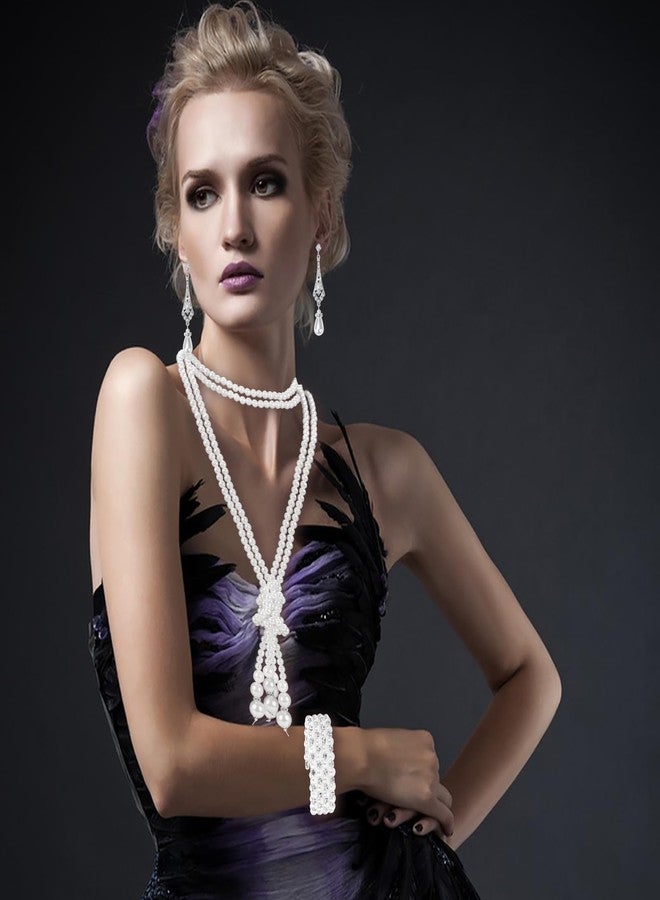 GHGMAO 1920s Pearl Jewelry Set Include Long Pearl Necklace and Earring Set Multilayer Pearl Bracelet Flapper Accessories for Women (Delicate) - Image 2